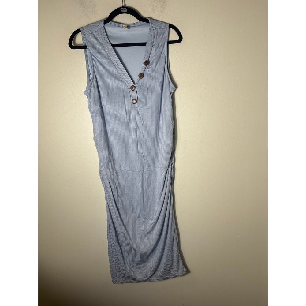 Sleeveless Light Blue Maxi Dress with Button Placket